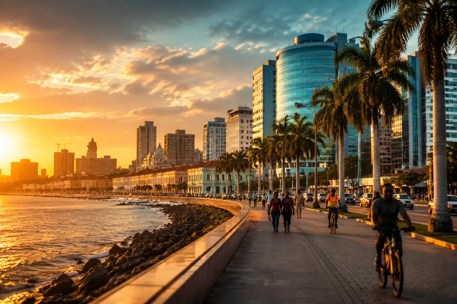 The Luanda Marginal waterfront skyline at sunset