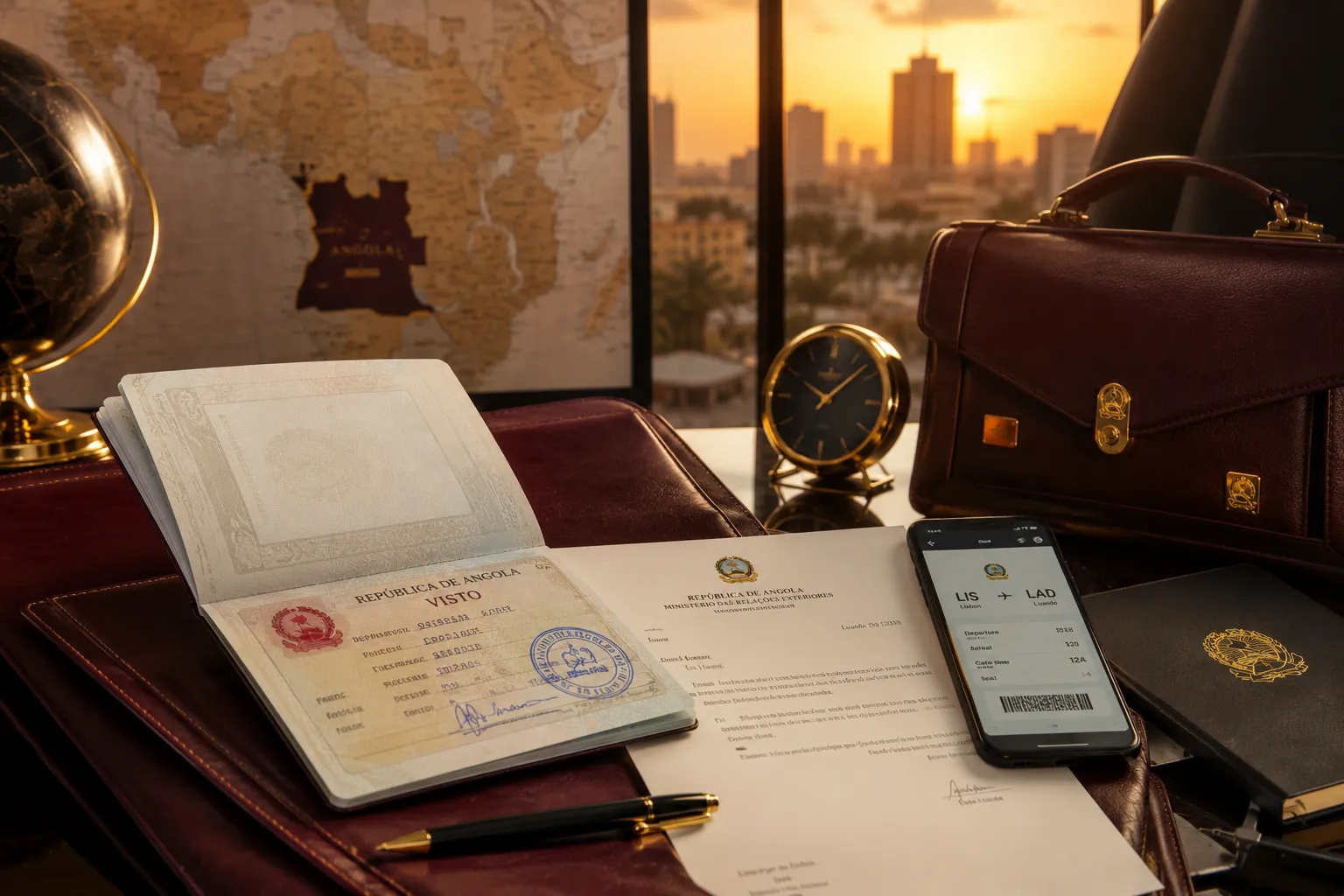 A business traveller with a laptop and documents for an Angola trip