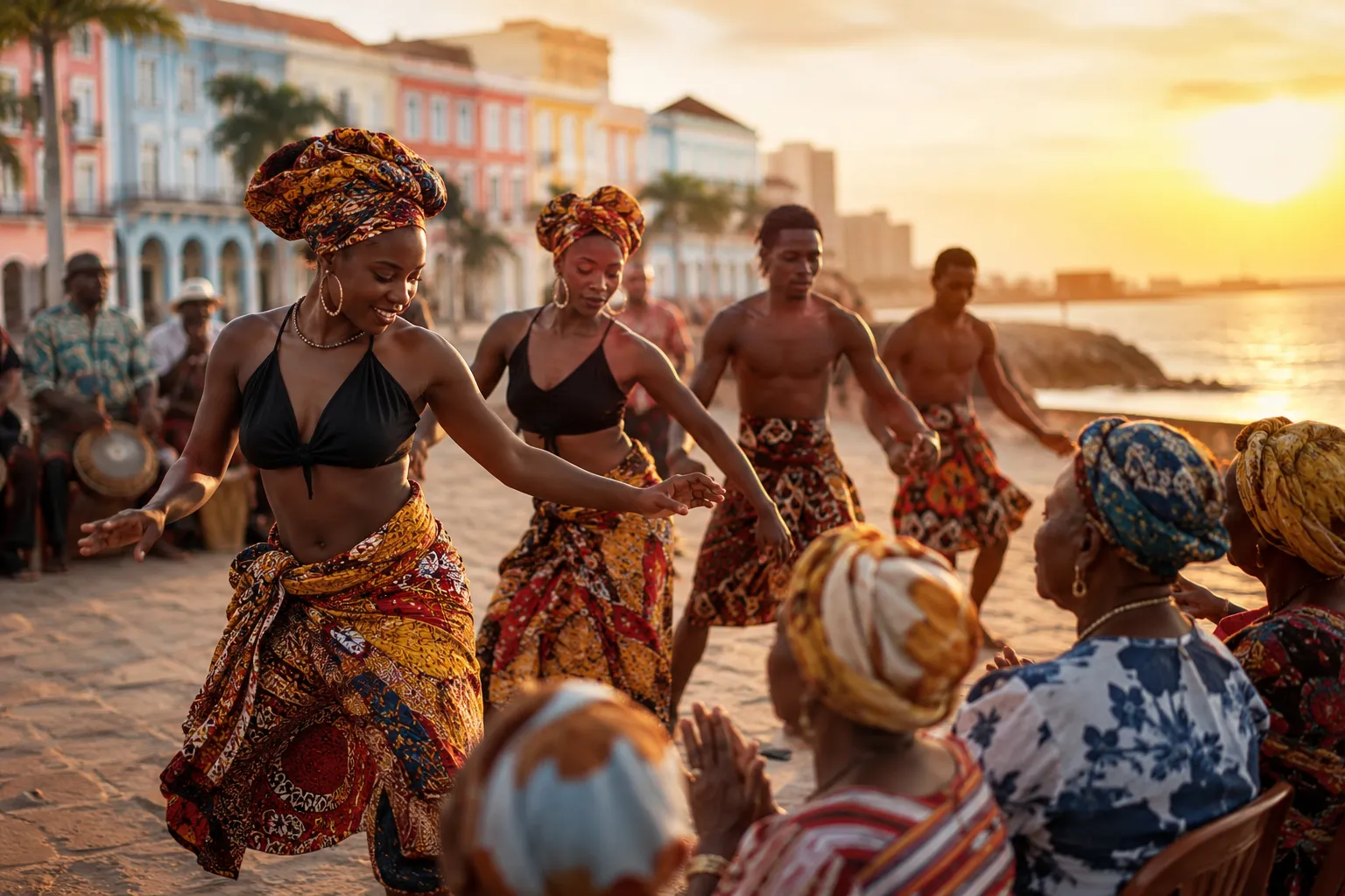 Angolan people in traditional dress celebrating at a cultural event