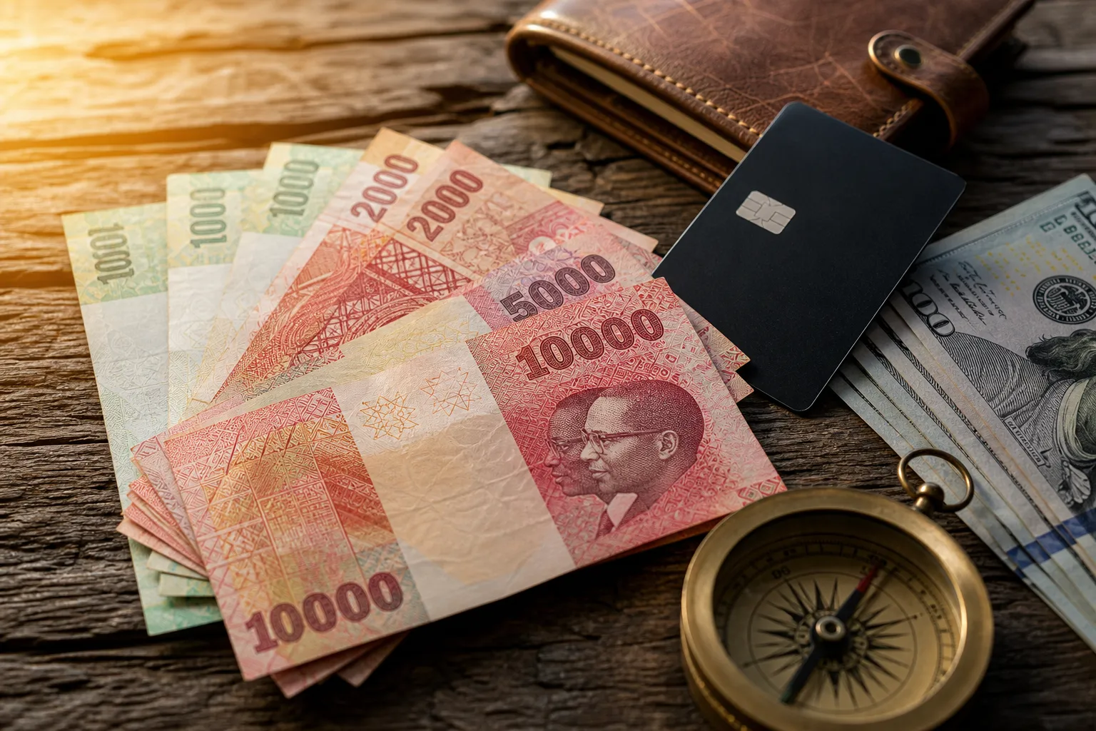 Angolan kwanza banknotes with a travel wallet, a bank card and US dollars
