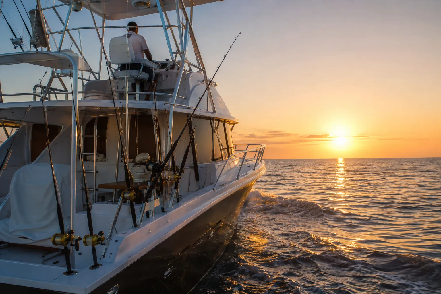 A sport fishing boat on the Atlantic off the Angolan coast at sunrise with rods in the holders