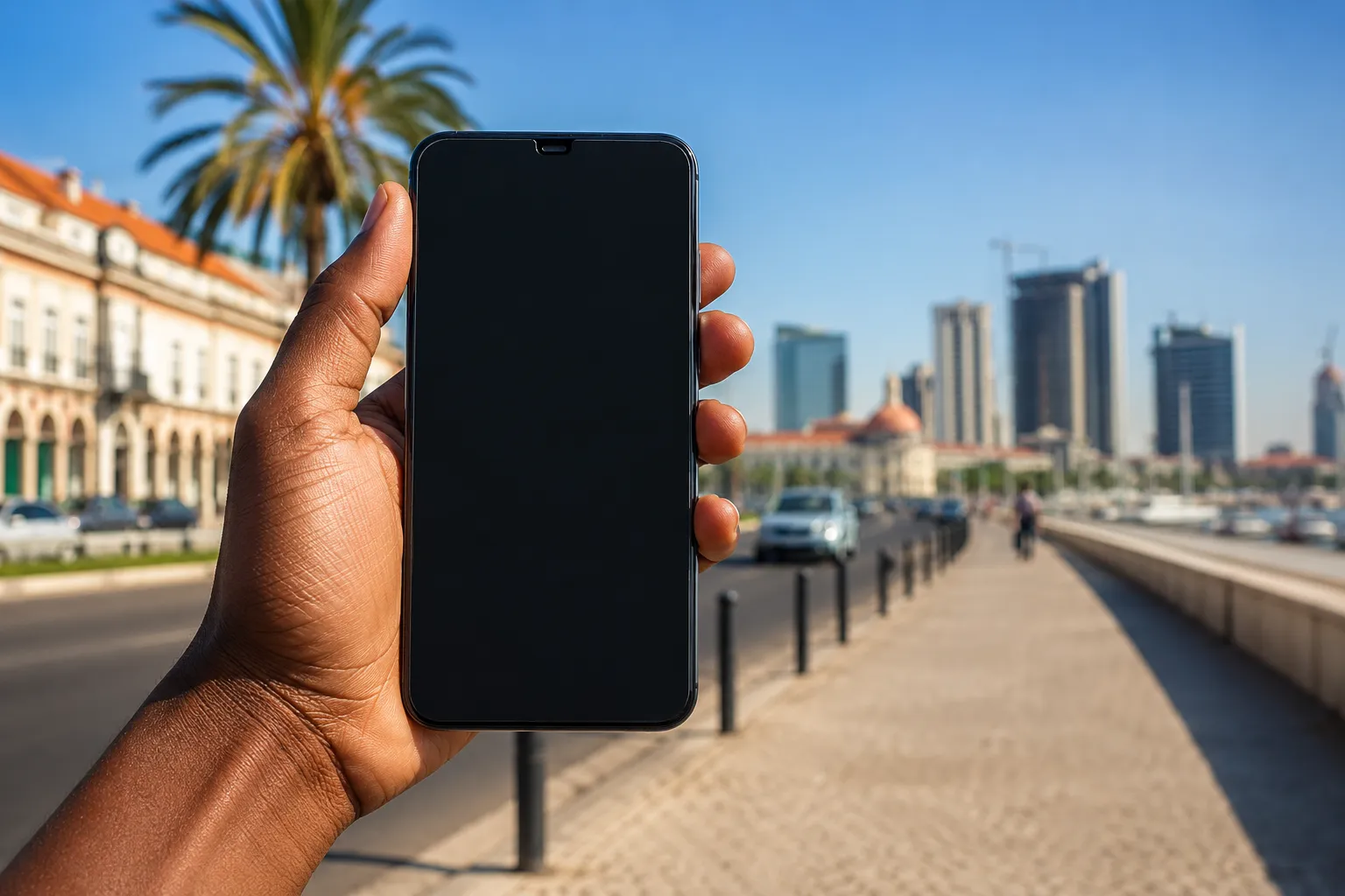 A hand holding a smartphone on the Luanda Marginal with the city skyline behind