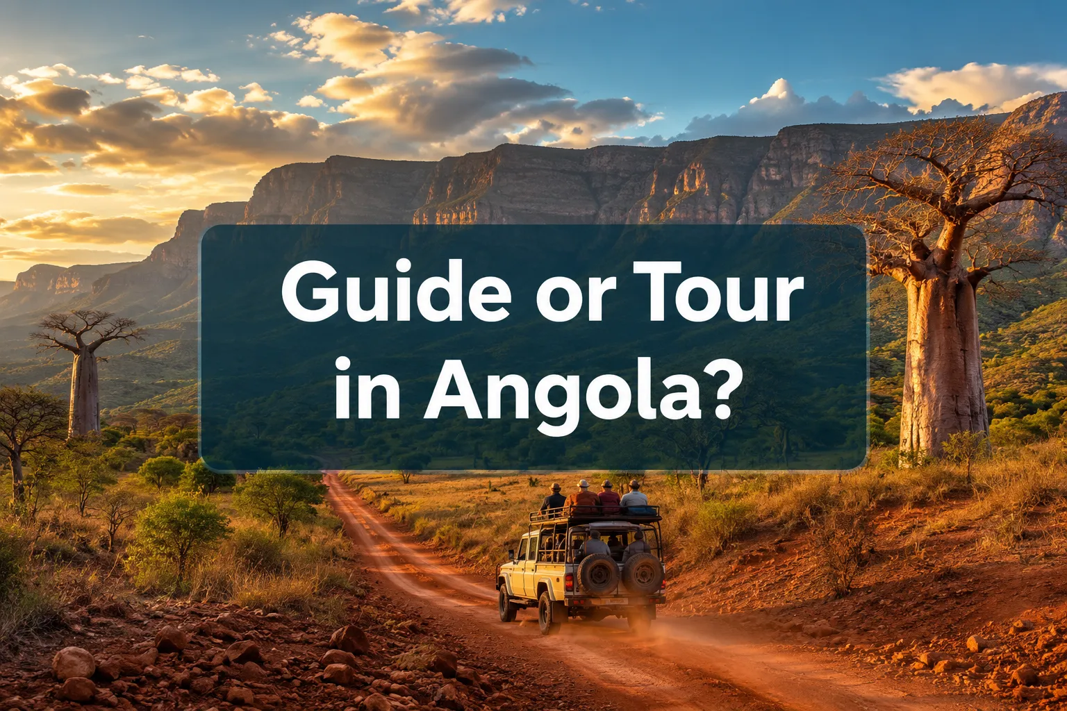 A 4x4 with travellers on a red-earth road past baobab trees in southern Angola