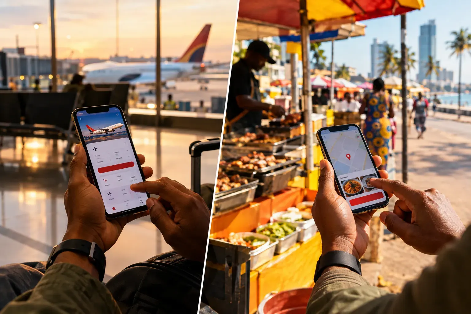 A traveller checking a flight app at Luanda airport and a food delivery map at a street food stall