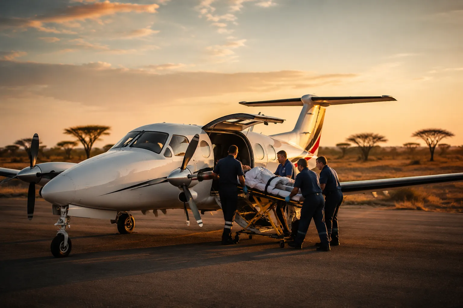 An air ambulance being loaded on a remote southern African airstrip at golden hour