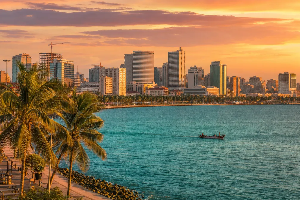 The coastal skyline of Luanda at golden hour