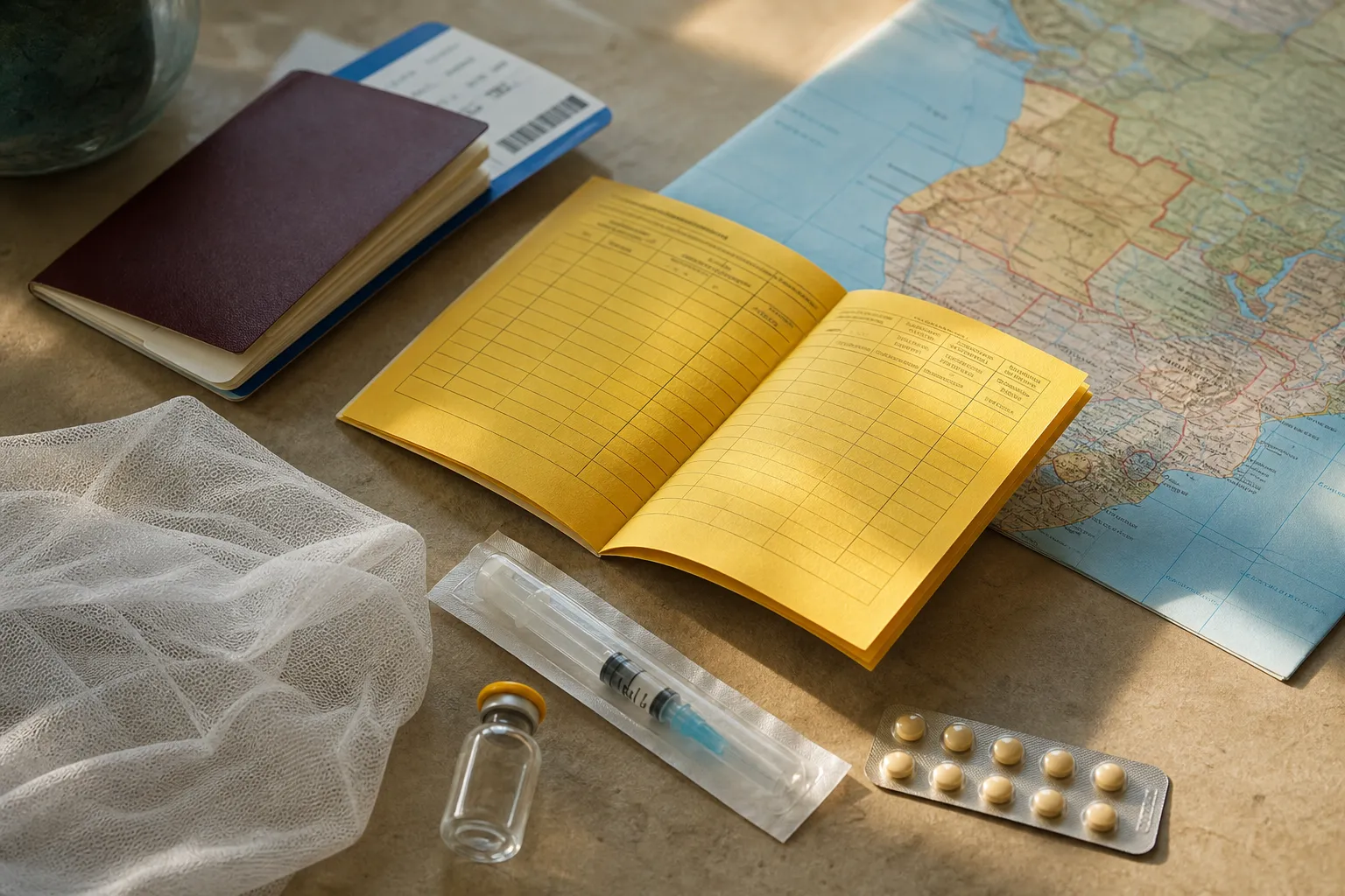 A travel health flat-lay with a yellow vaccination certificate, passport and antimalarial tablets for Angola