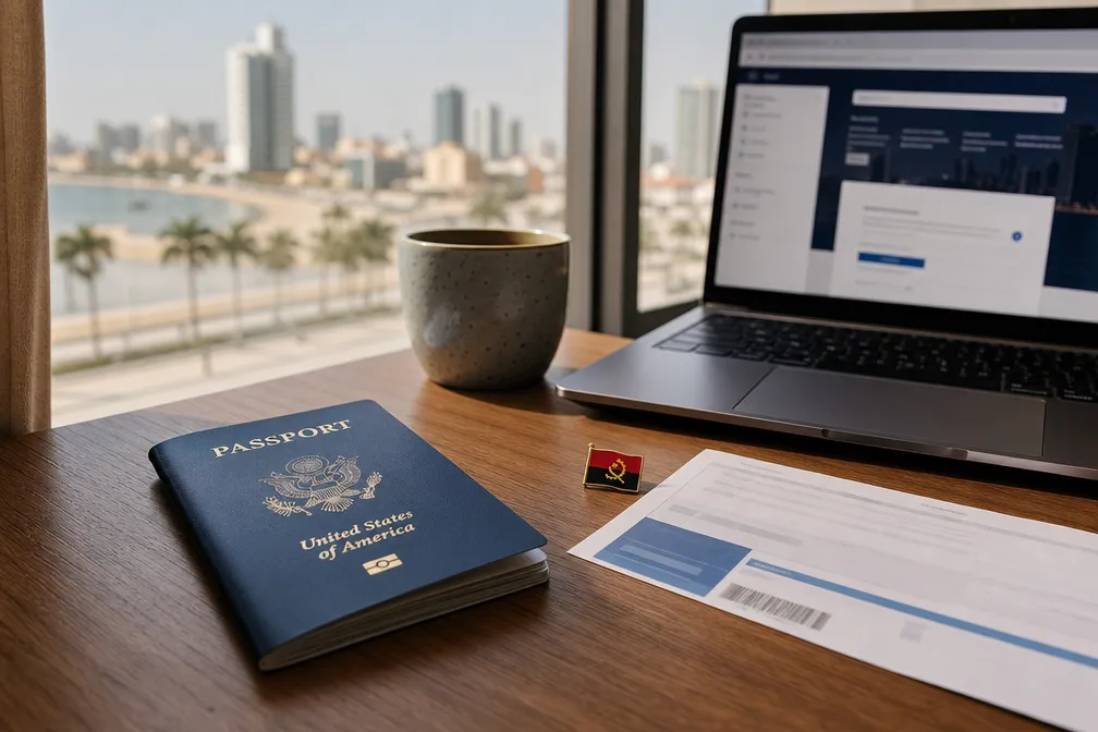 A US passport and an Angola e-visa application on a laptop