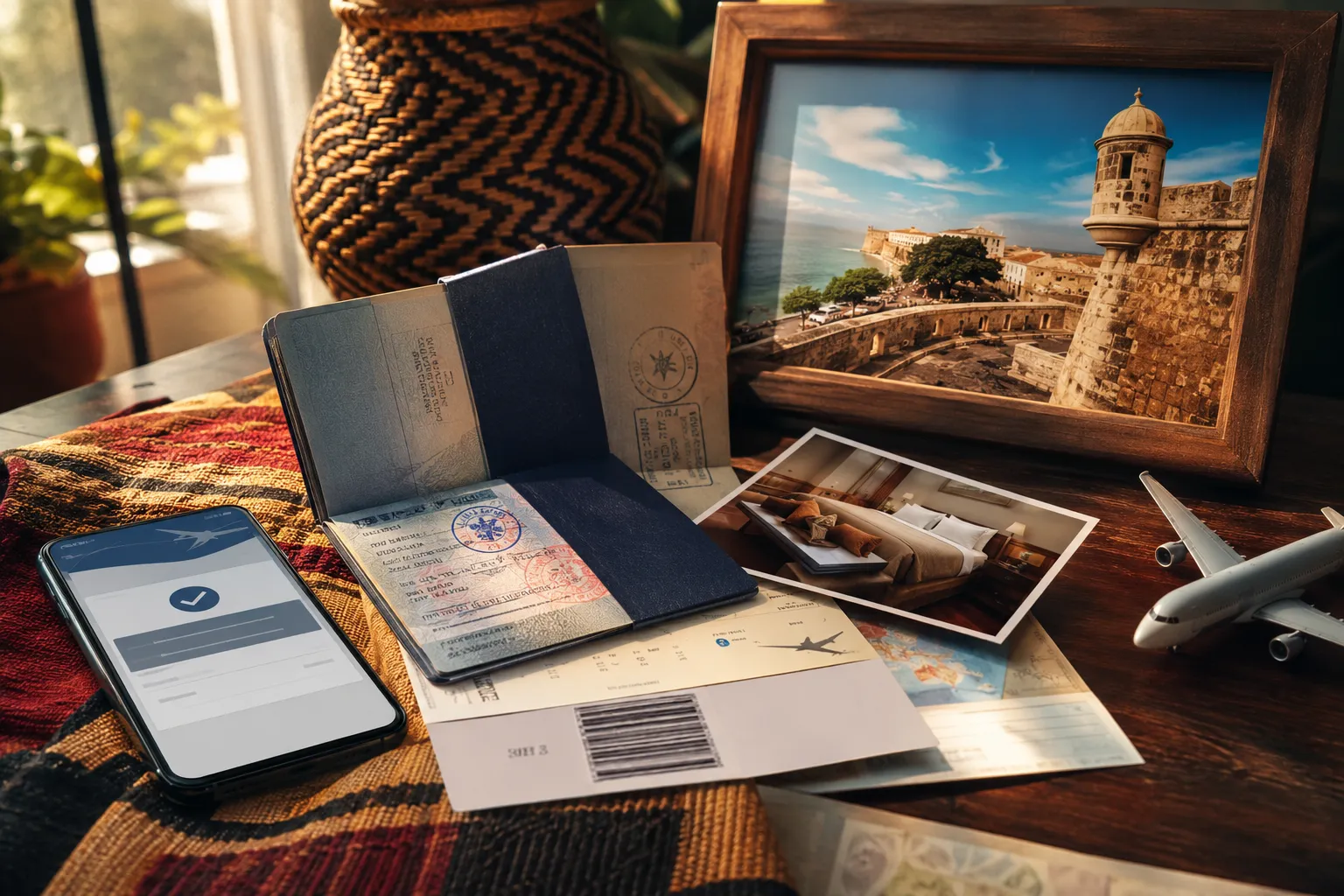 A flat-lay of Angola travel documents: passport, yellow fever card, boarding pass and phone