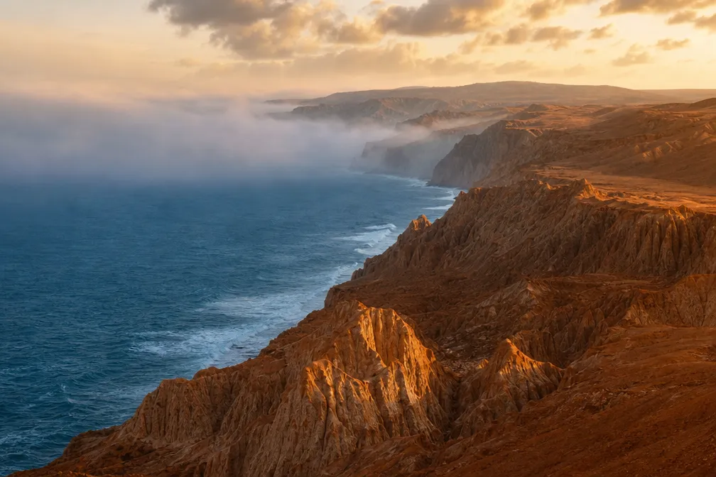 The Angolan coastline near Miradouro da Lua at golden hour