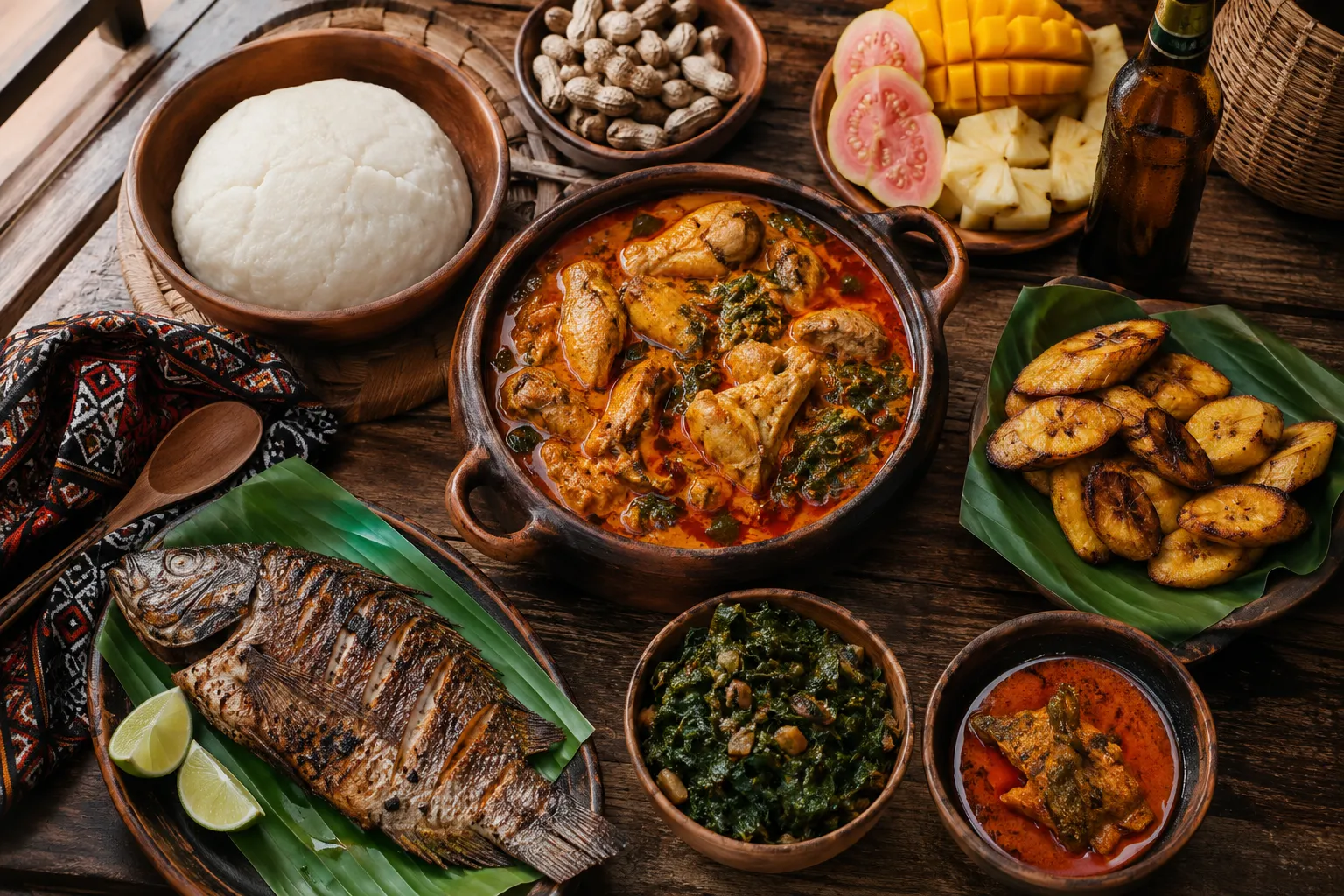 A spread of traditional Angolan dishes on a table