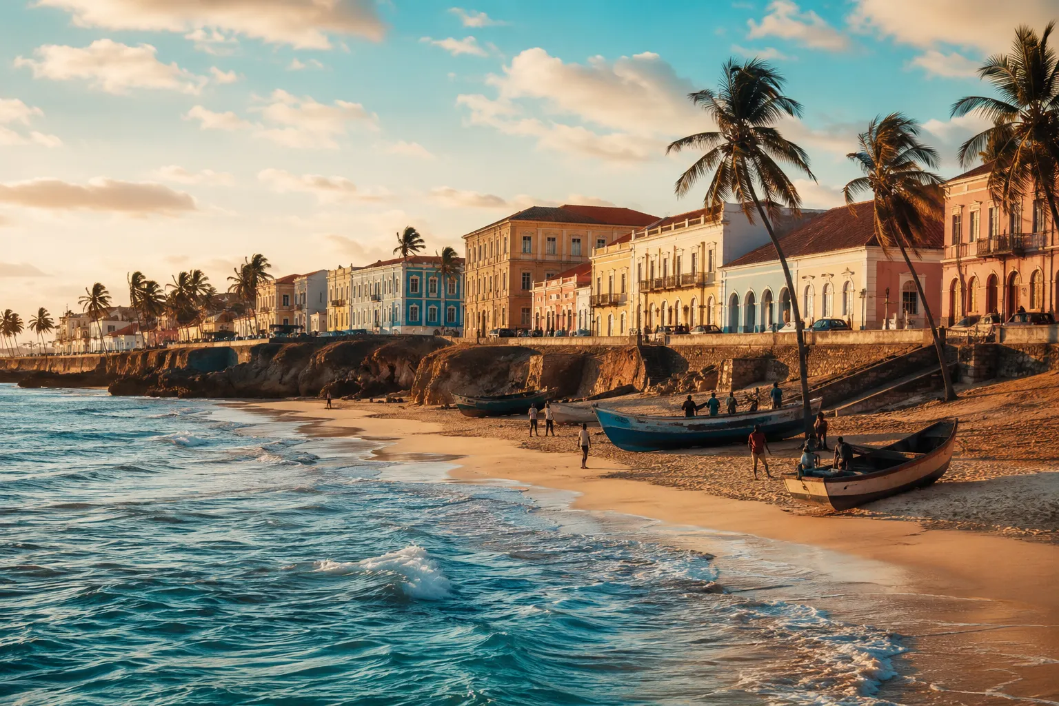 A golden-sand beach and pastel colonial buildings on the coast of Benguela, Angola