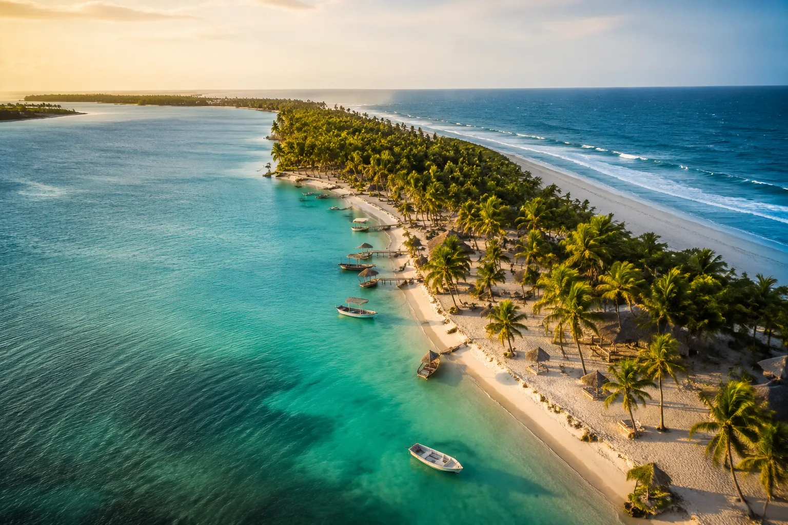 Aerial view of the Mussulo peninsula in Angola at golden hour, with a turquoise lagoon separating a palm-fringed sandy spit from the Atlantic Ocean