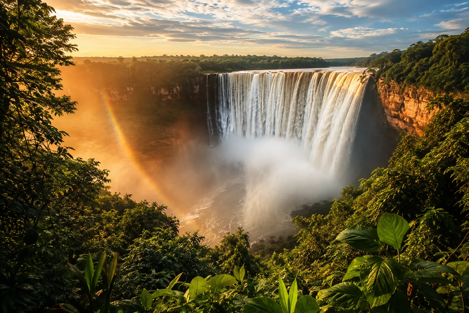 Kalandula Falls plunging into a green gorge in Malanje at golden hour