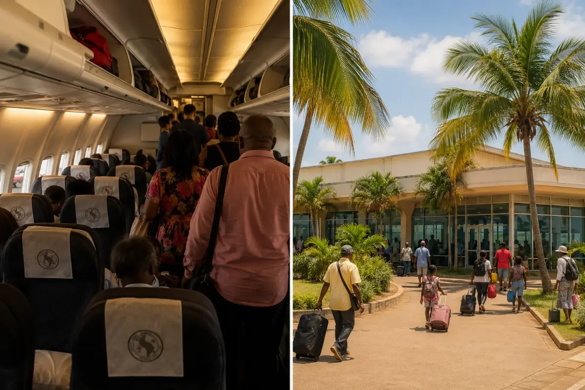 Flying to Cabinda: a TAAG cabin and the Cabinda airport terminal