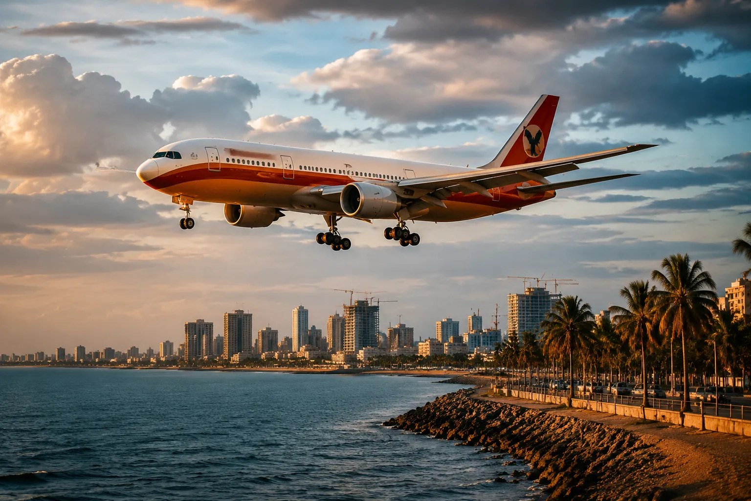 A wide-body TAAG Angola Airlines aircraft on final approach over the Atlantic coastline of Luanda at golden hour