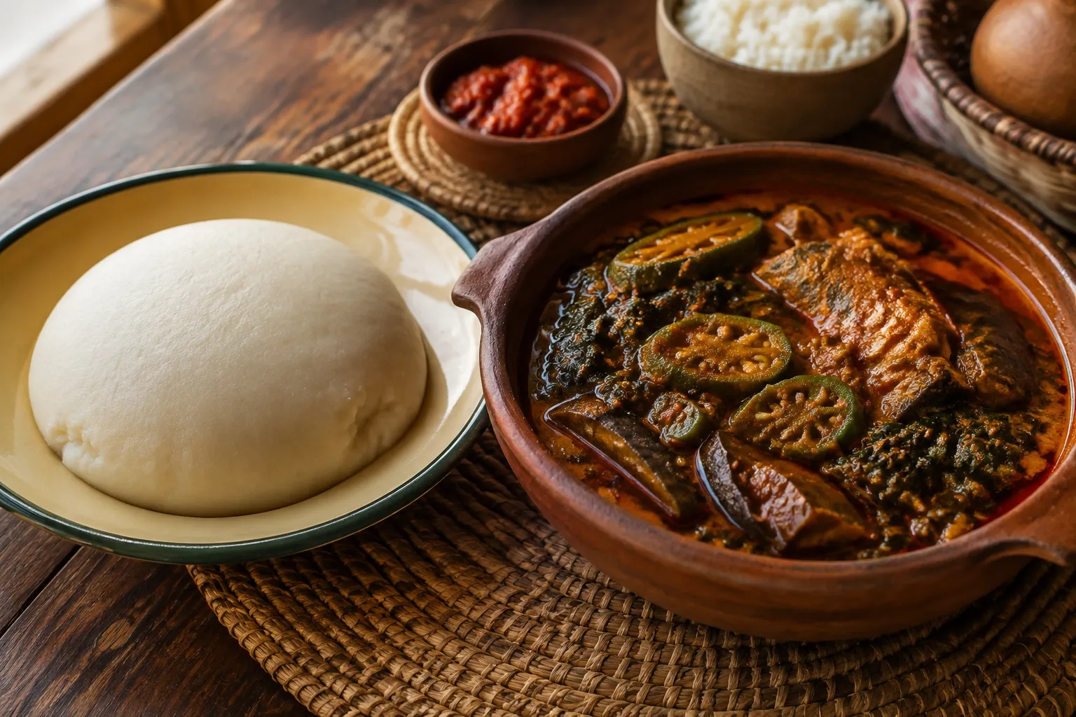 A plate of pale funge beside a bowl of red palm oil calulu stew with okra and greens