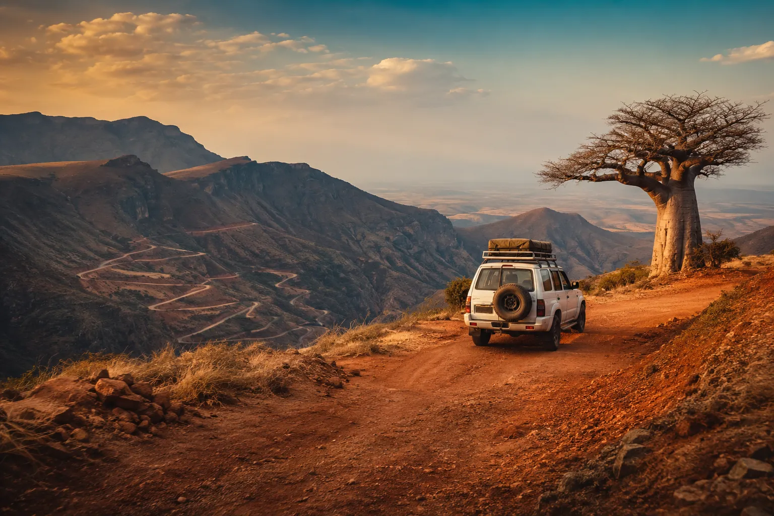 A 4x4 on a red-earth mountain road in Angola's Huila highlands near Serra da Leba