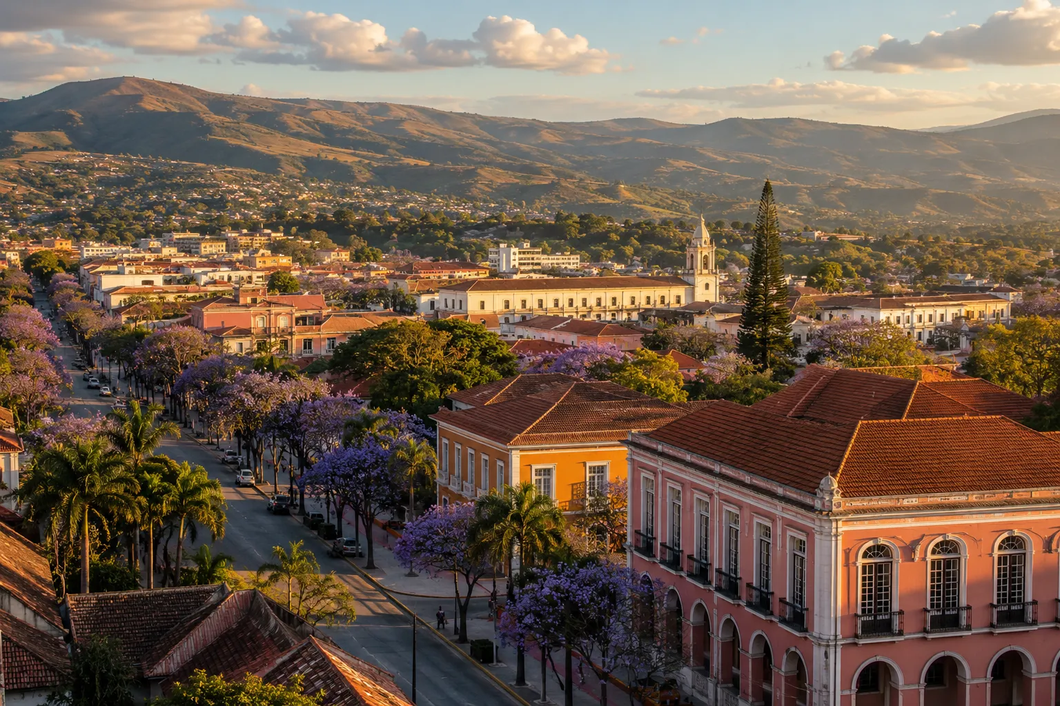 Huambo's colonial cityscape and central highlands at golden hour, Angola