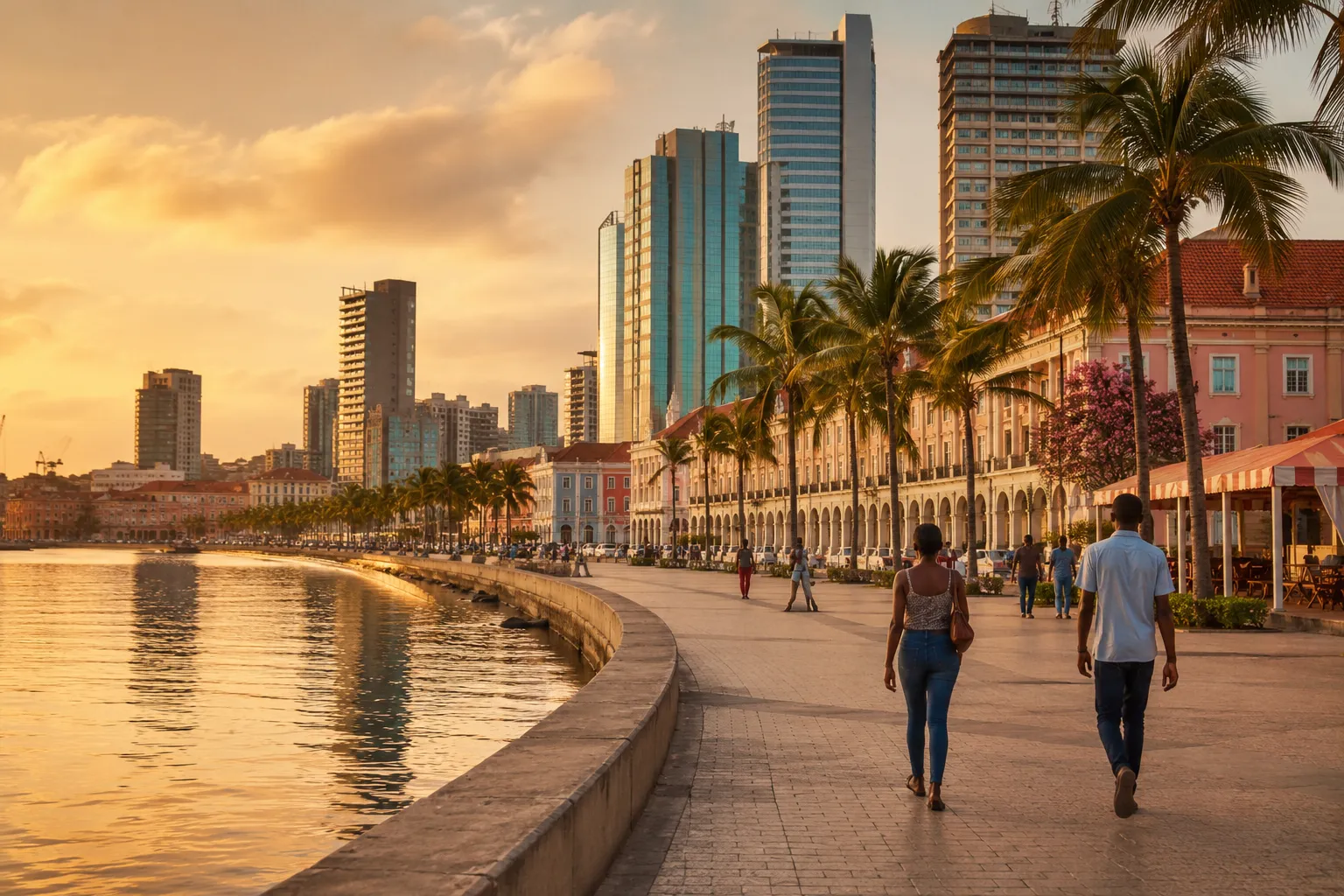 Luanda's Marginal promenade at golden hour with palm trees and the calm Atlantic Ocean