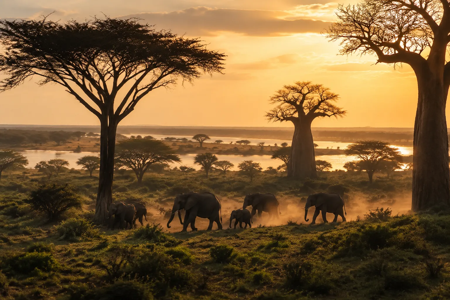 A herd of African elephants on the savanna in Kissama National Park at golden hour
