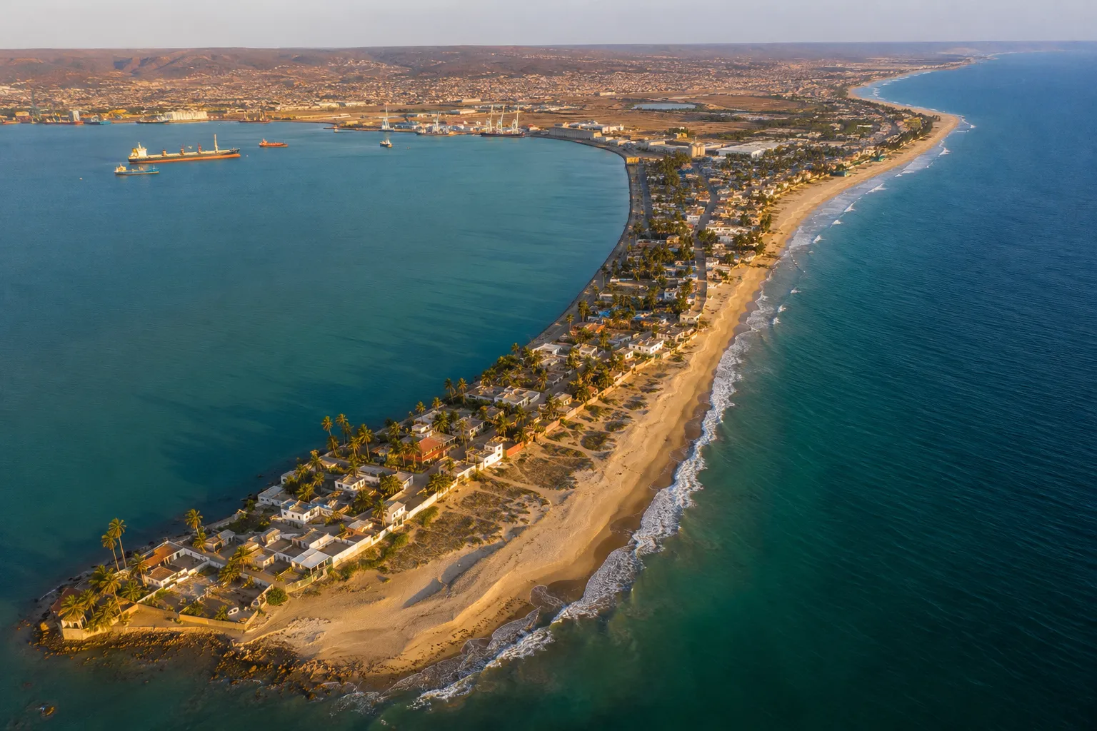 Aerial view of the Restinga sandspit curving into the Atlantic at Lobito, Angola