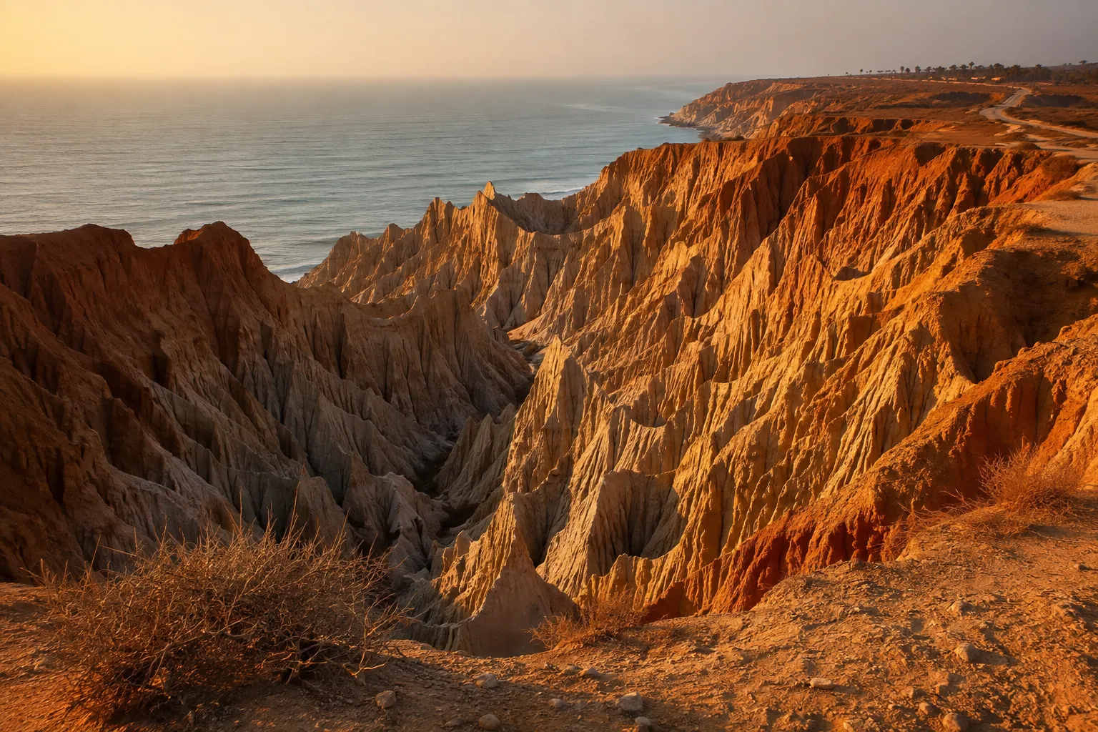 The eroded ochre cliffs of Miradouro da Lua above the Atlantic coast south of Luanda at sunset
