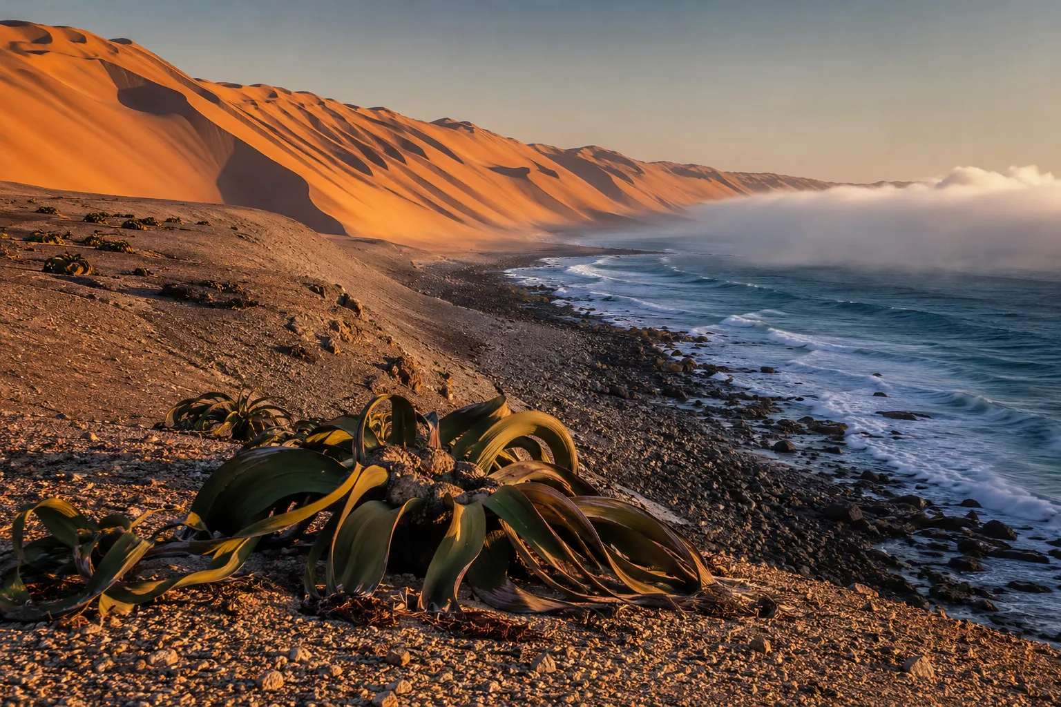 Ochre sand dunes of the Namib desert meeting the Atlantic coast near Namibe, Angola