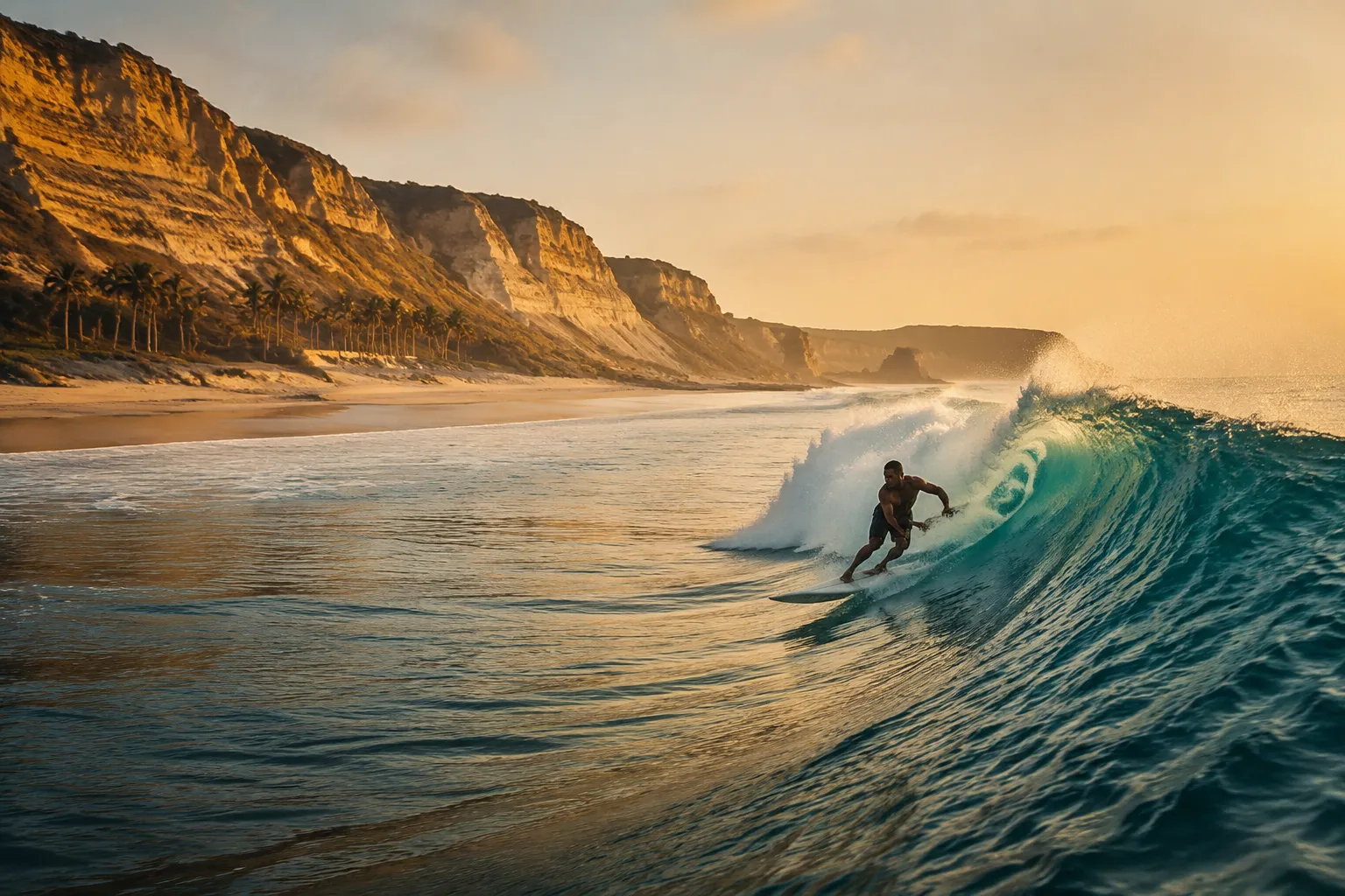 A surfer riding a left-hand point break at Cabo Ledo, Angola