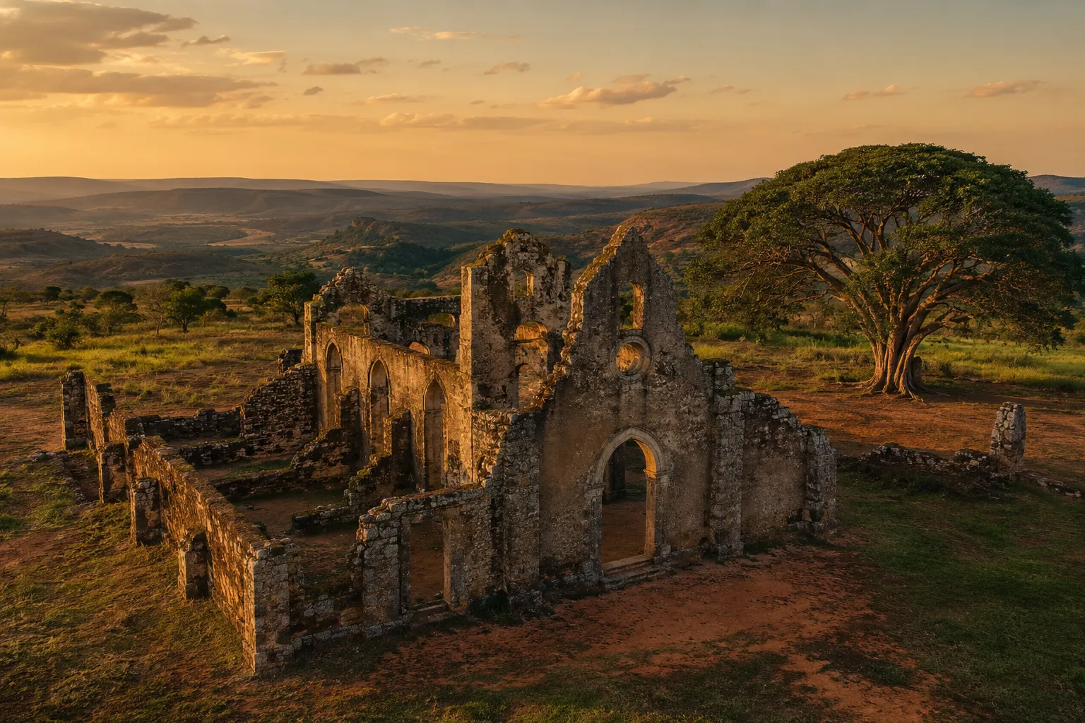 Weathered stone ruins of the sixteenth century cathedral at Mbanza Kongo on its plateau