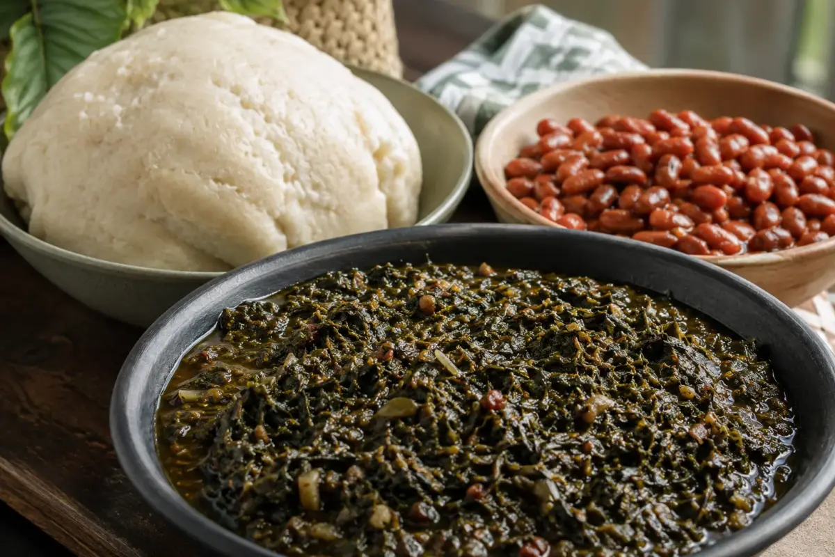 A bowl of stewed cassava leaves beside pale funge and a dish of beans on a simple table